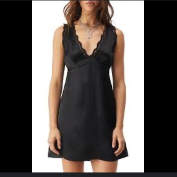 Nasty Gal NWT black satin scalloped edge lace trimmed slip dress. Size 12 - Picture 1 of 6